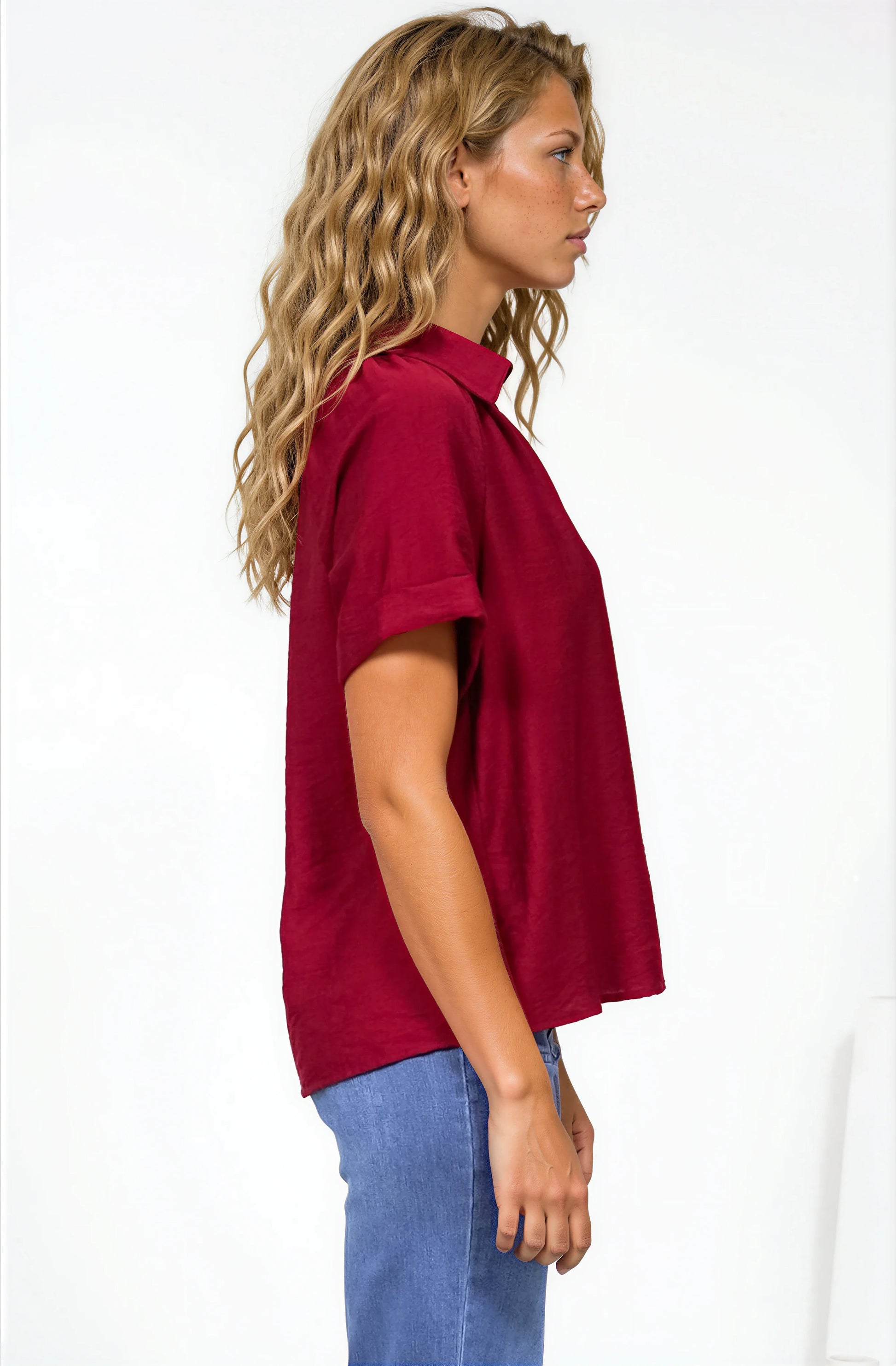 Madge Blouse - Collared Button Down with Short Sleeves in Wine