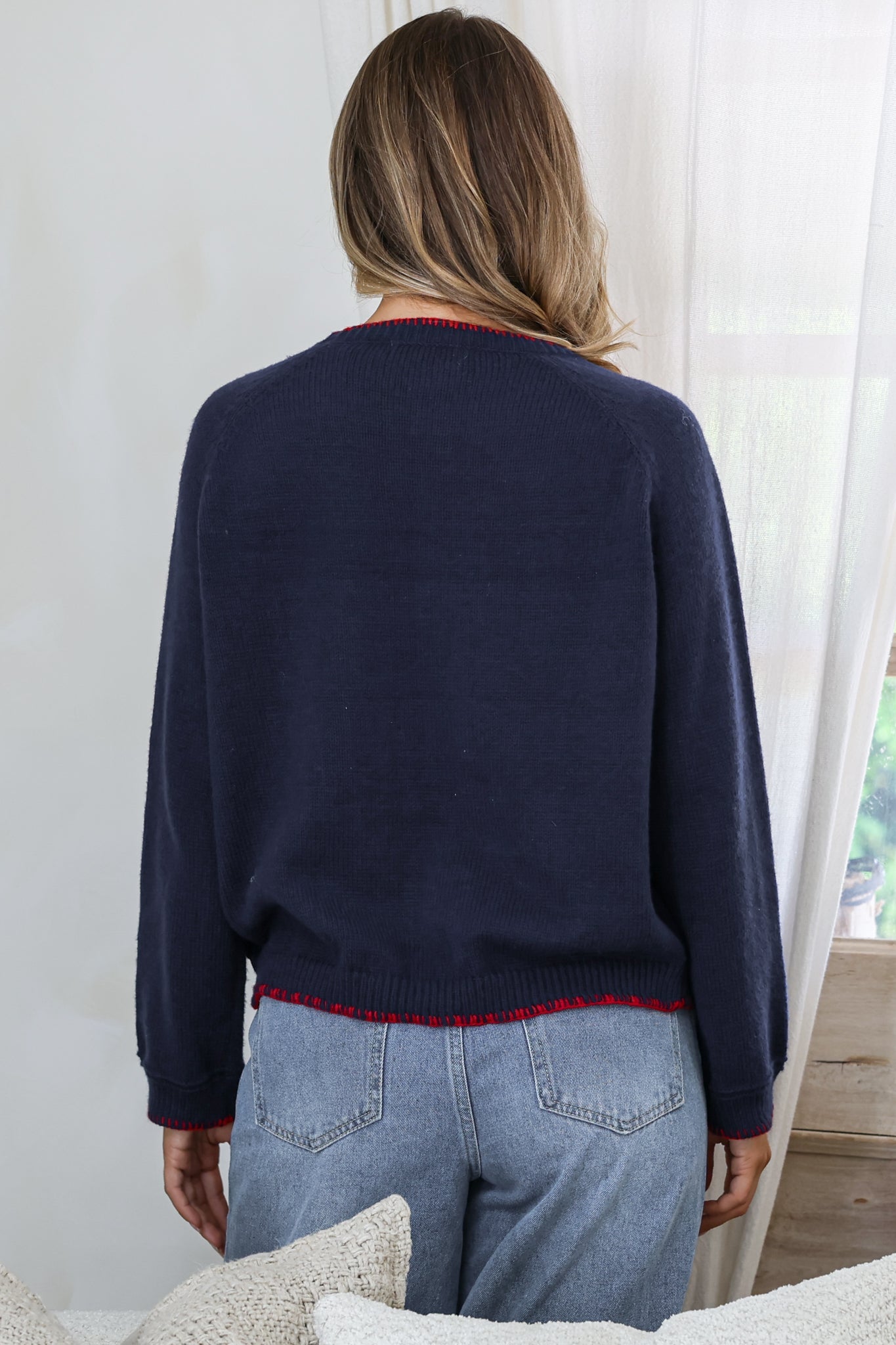 Maine Jumper - Contrast Stitch Crew Neck Knit with Embroidered Lobster Motif in Navy
