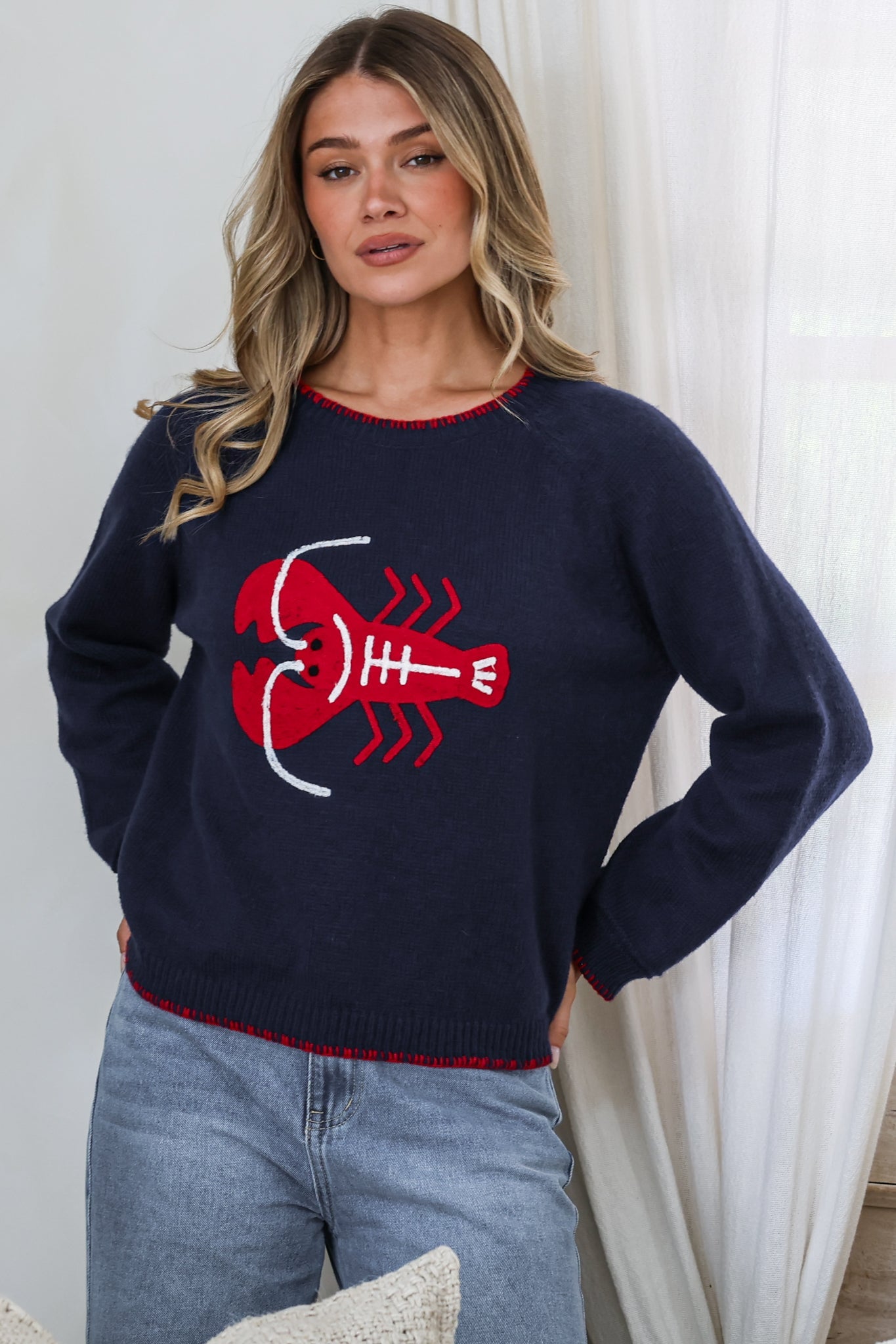 Maine Jumper - Contrast Stitch Crew Neck Knit with Embroidered Lobster Motif in Navy