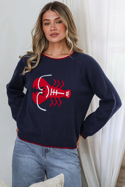 Maine Jumper - Contrast Stitch Crew Neck Knit with Embroidered Lobster Motif in Navy