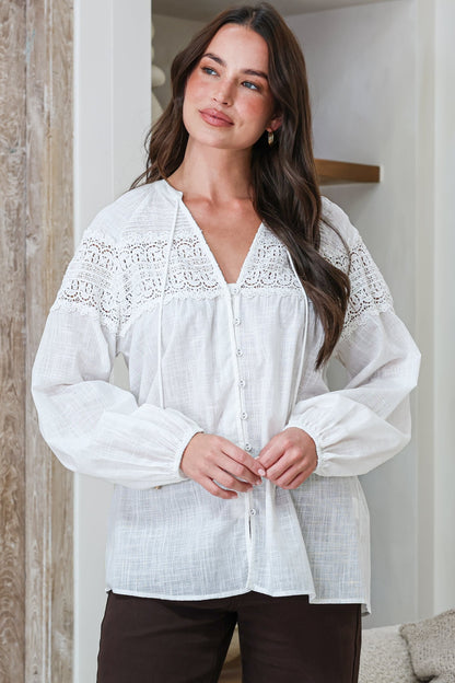 Maldon Blouse - Lace Yoke Neckline Button Down with Neck Tie and Long Sleeves in White