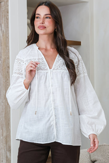 Maldon Blouse - Lace Yoke Neckline Button Down with Neck Tie and Long Sleeves in White