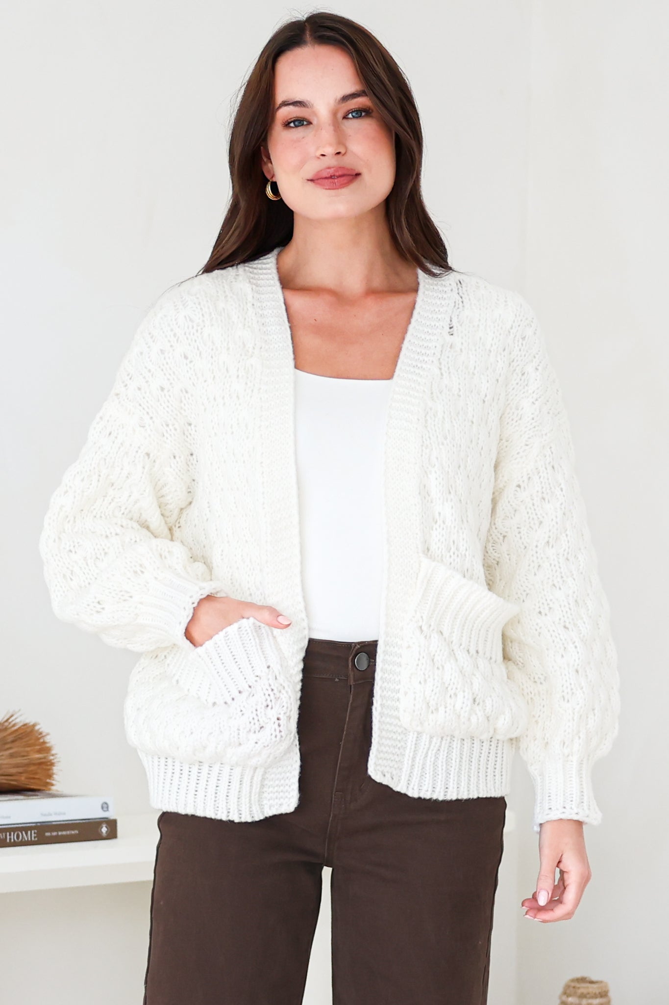 Manny Cardigan - Chunky Open Cropped Cable Knit with Rib Knit Trims and Pockets in Cream
