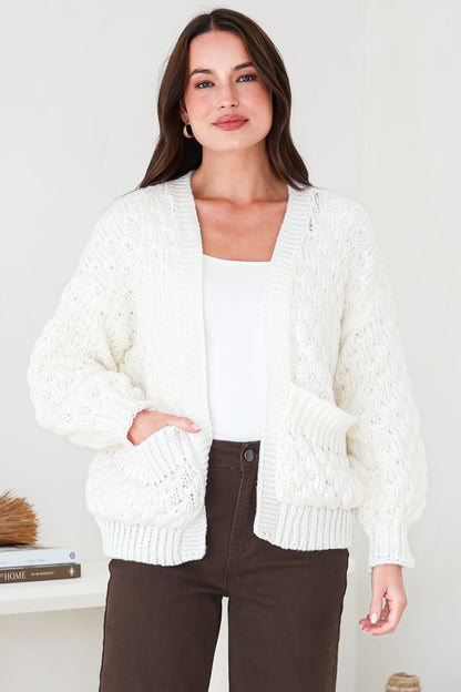 Manny Cardigan - Chunky Open Cropped Cable Knit with Rib Knit Trims and Pockets in Cream