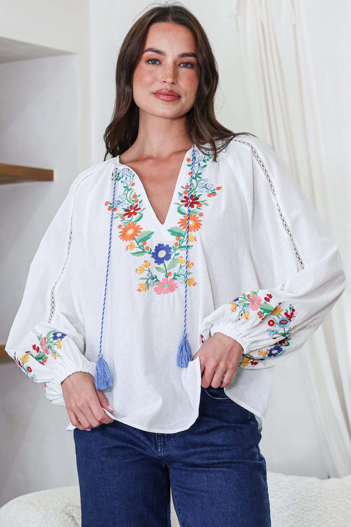 Margerie Top - Floral Embroidered Top with Long Sleeves in White