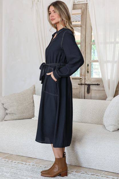 Maria Midi Dress - Wing Collar V Neck Contrast Stitch Shirt Dress with Balloon Sleeves and Belt in Indigo