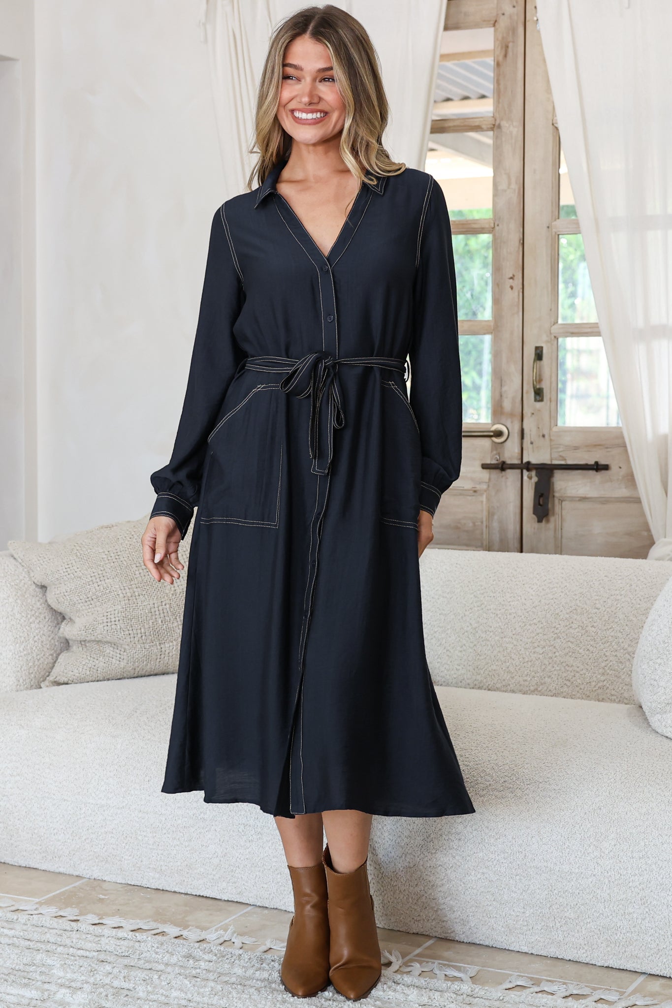 Maria Midi Dress - Wing Collar V Neck Contrast Stitch Shirt Dress with Balloon Sleeves and Belt in Indigo