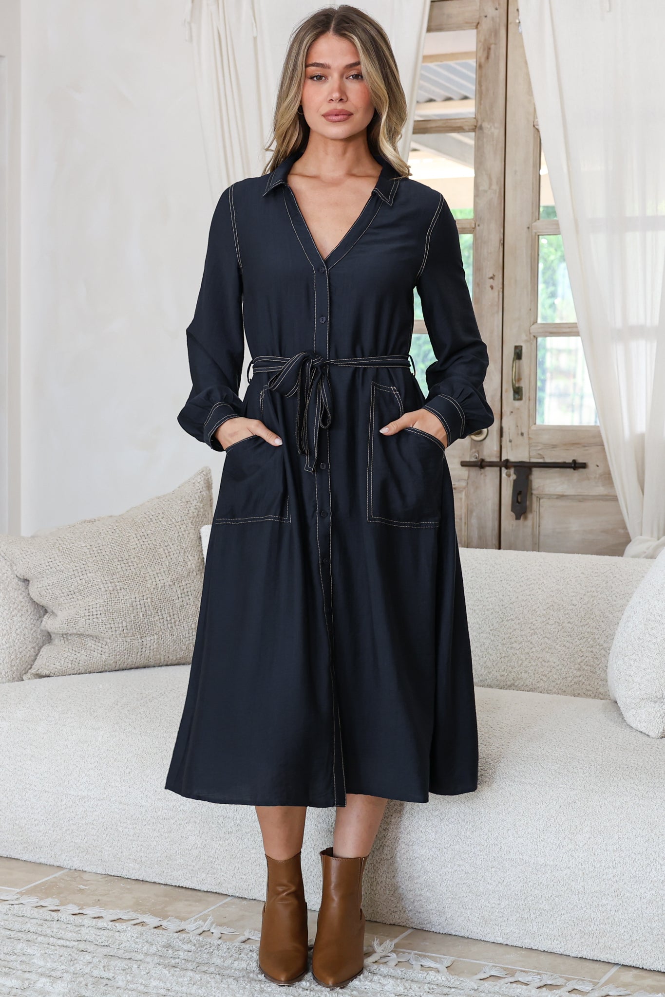 Maria Midi Dress - Wing Collar V Neck Contrast Stitch Shirt Dress with Balloon Sleeves and Belt in Indigo