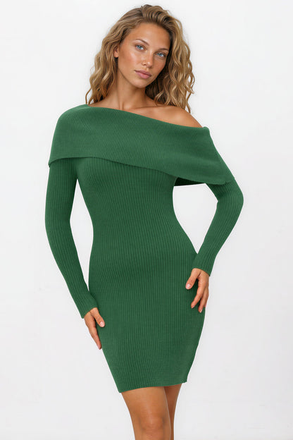 Marnelle Mini Dress - Off Shoulder Asymmetric Neckline Knit Dress in Green
