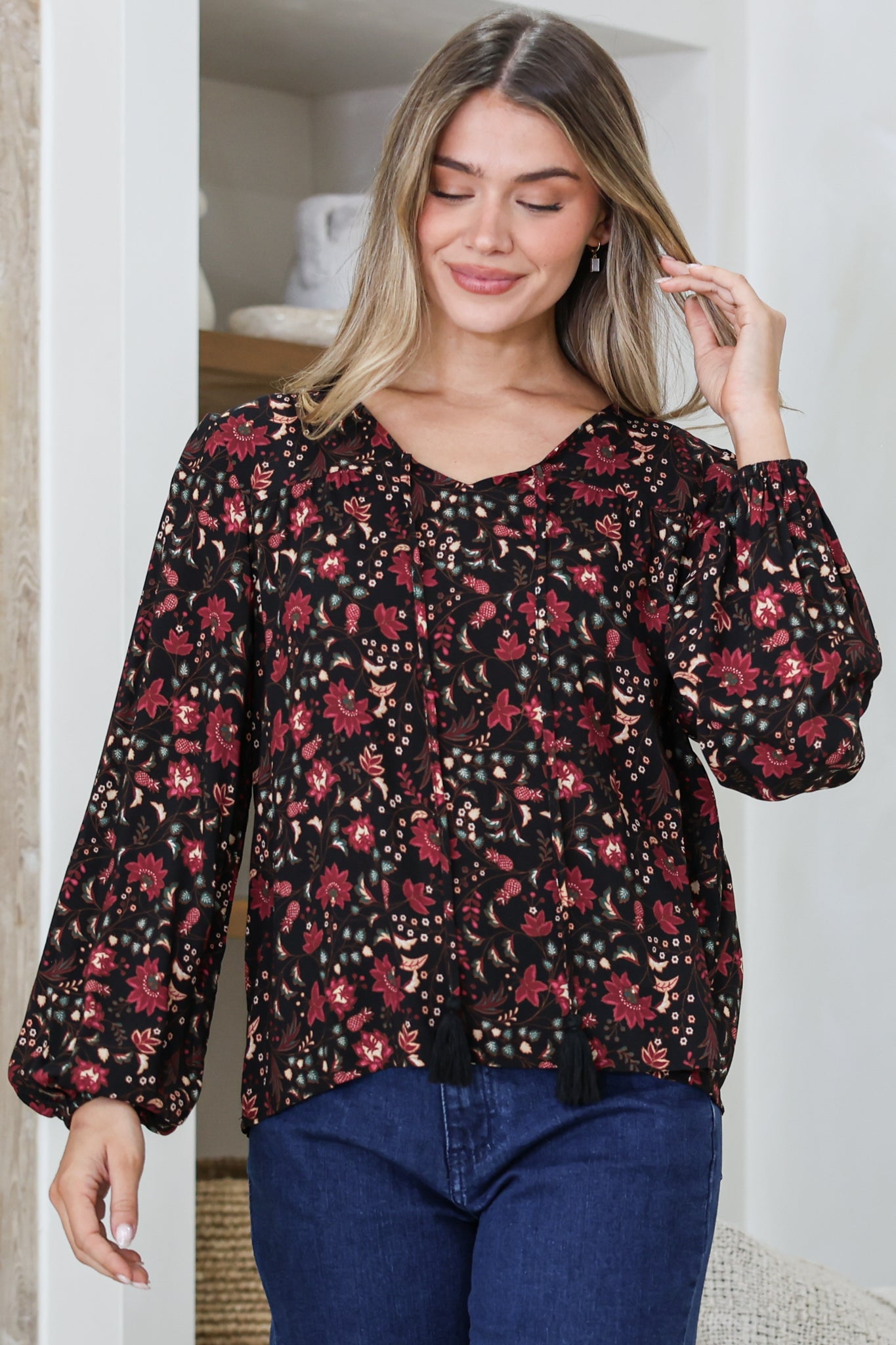 Mathilde Top - Soft V-Neck Pull Over with Long Sleeves and Neck Tie with Tassels in Nanushka Print