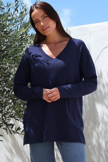 Mayanna Jumper - Light Weight V Neck Knit Jumper with Side Splits in Navy