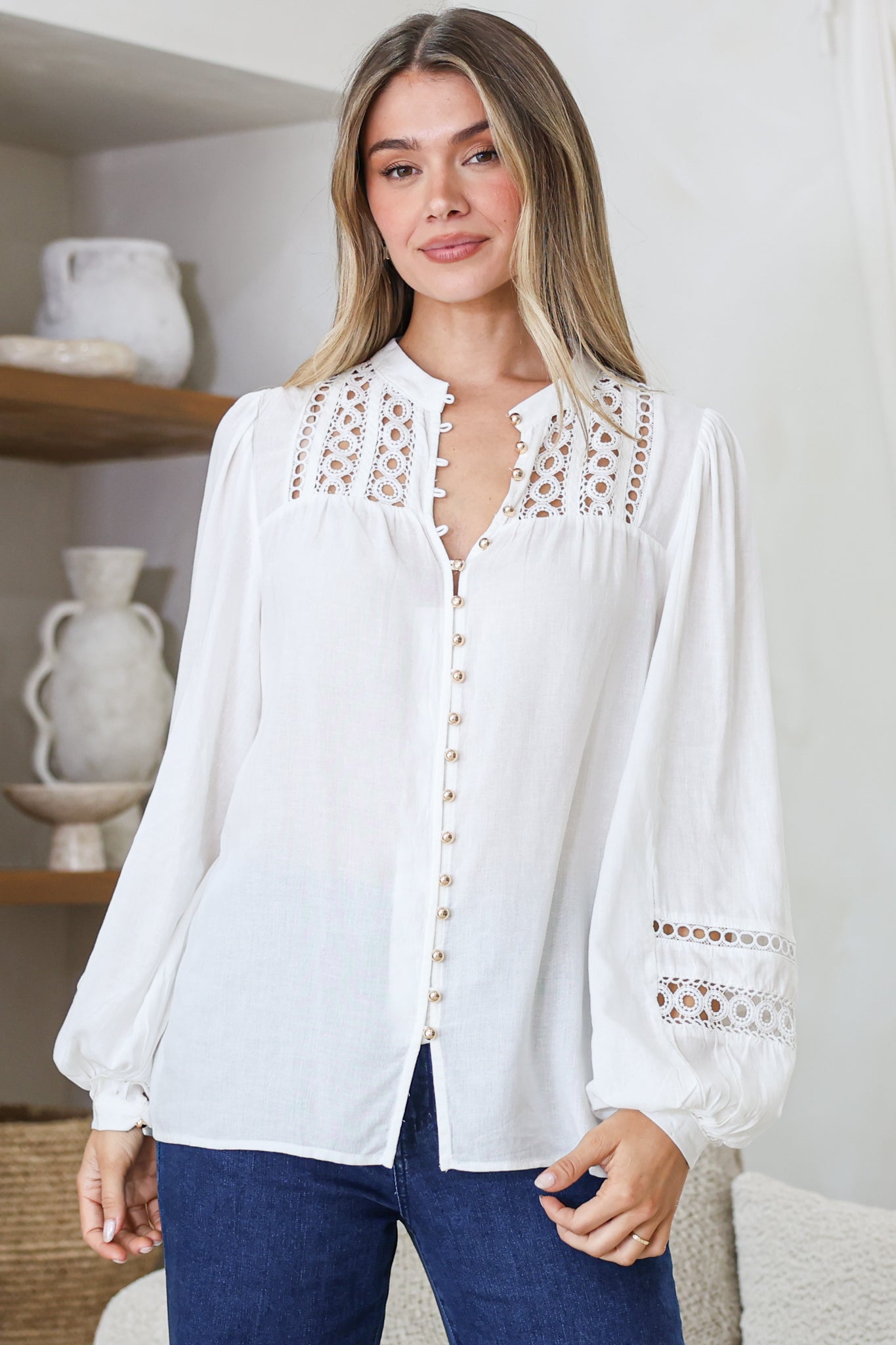 Milano Blouse - Mandarin Collar Button Down with Delicate Lace Cut-Out Detailing in White