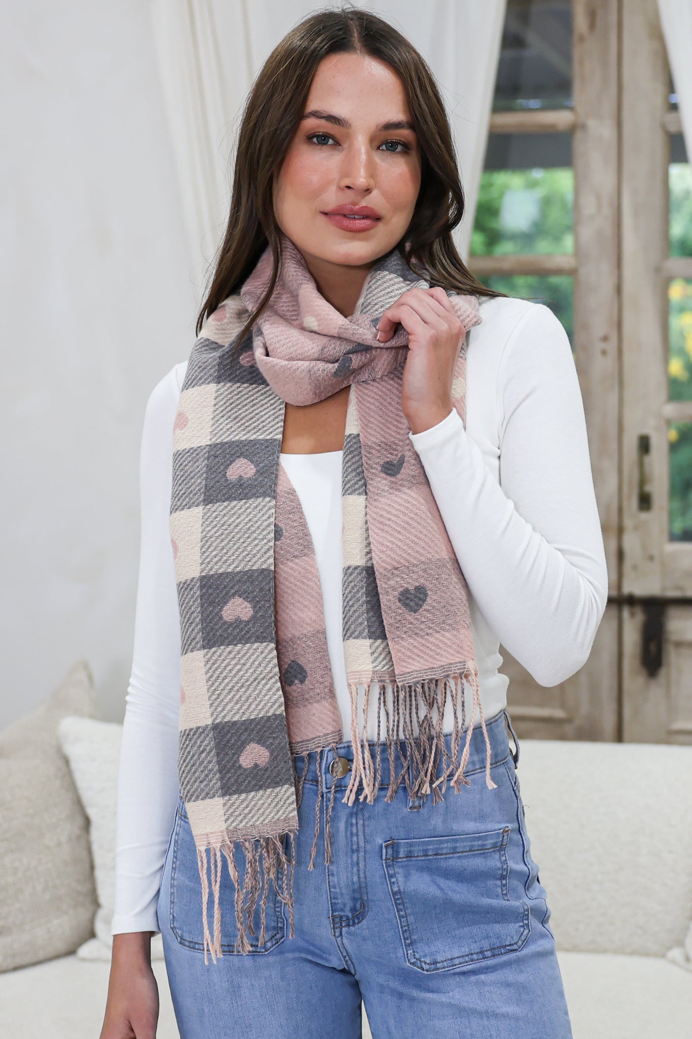 Minka Scarf - Soft Cozy Wrap Scarf with Heart and Check Print in Pink