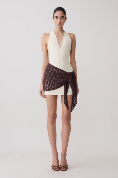 Mollie Mini Dress With Crochet Overlay - White/Chocolate