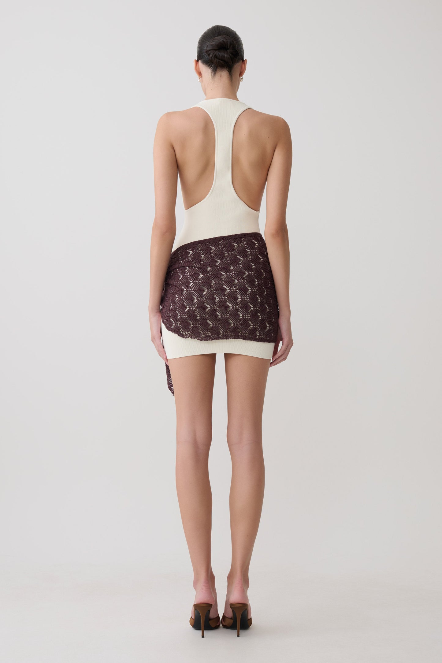 Mollie Mini Dress With Crochet Overlay - White/Chocolate