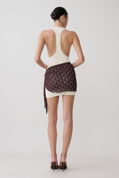 Mollie Mini Dress With Crochet Overlay - White/Chocolate