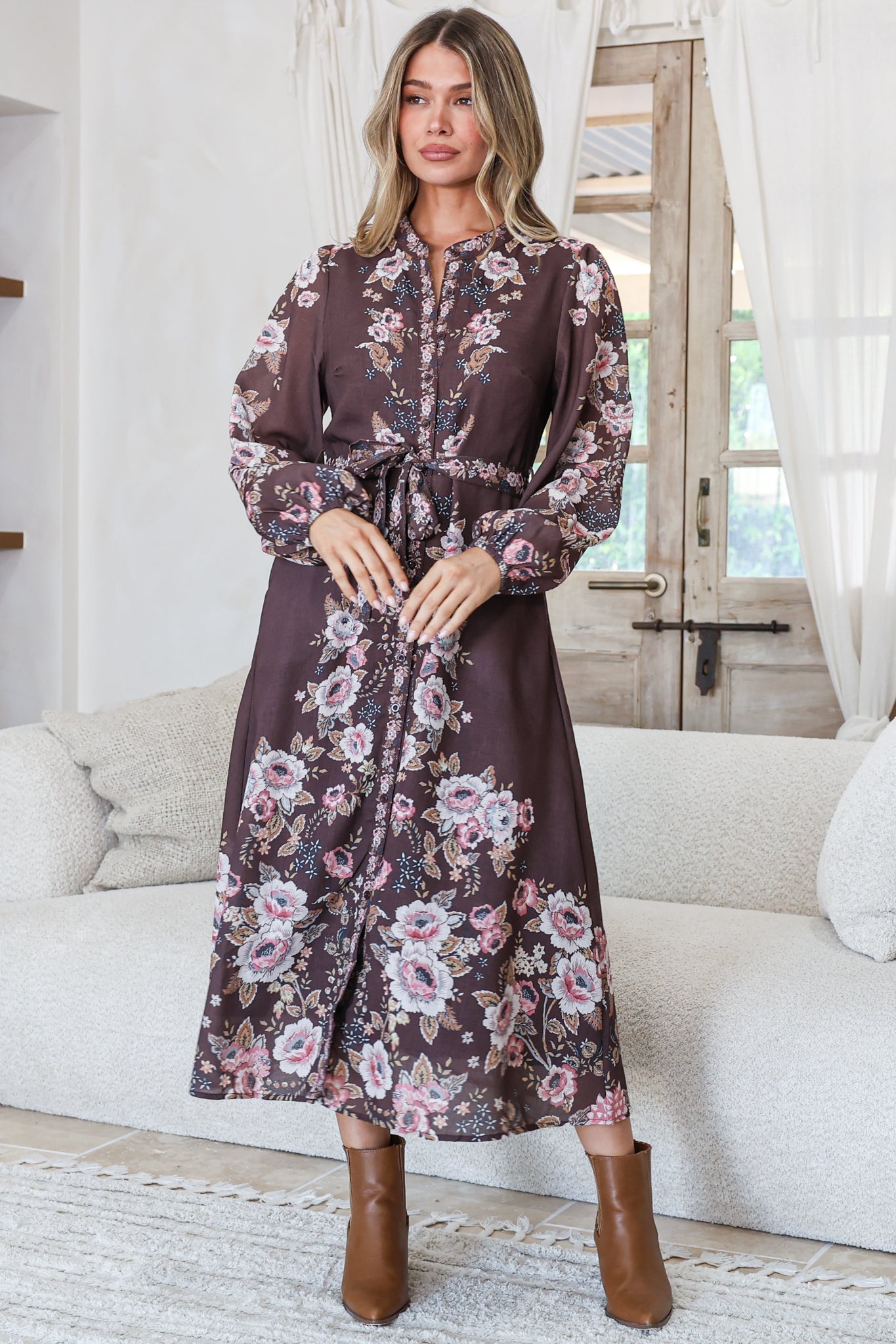 Moreana Midi Dress - Mandarin Collar Button Down Long Sleeve Dress with Belt in Fontana Print Brown
