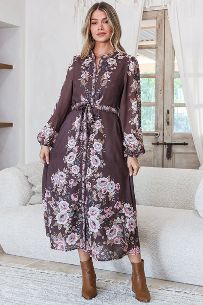 Moreana Midi Dress - Mandarin Collar Button Down Long Sleeve Dress with Belt in Fontana Print Brown