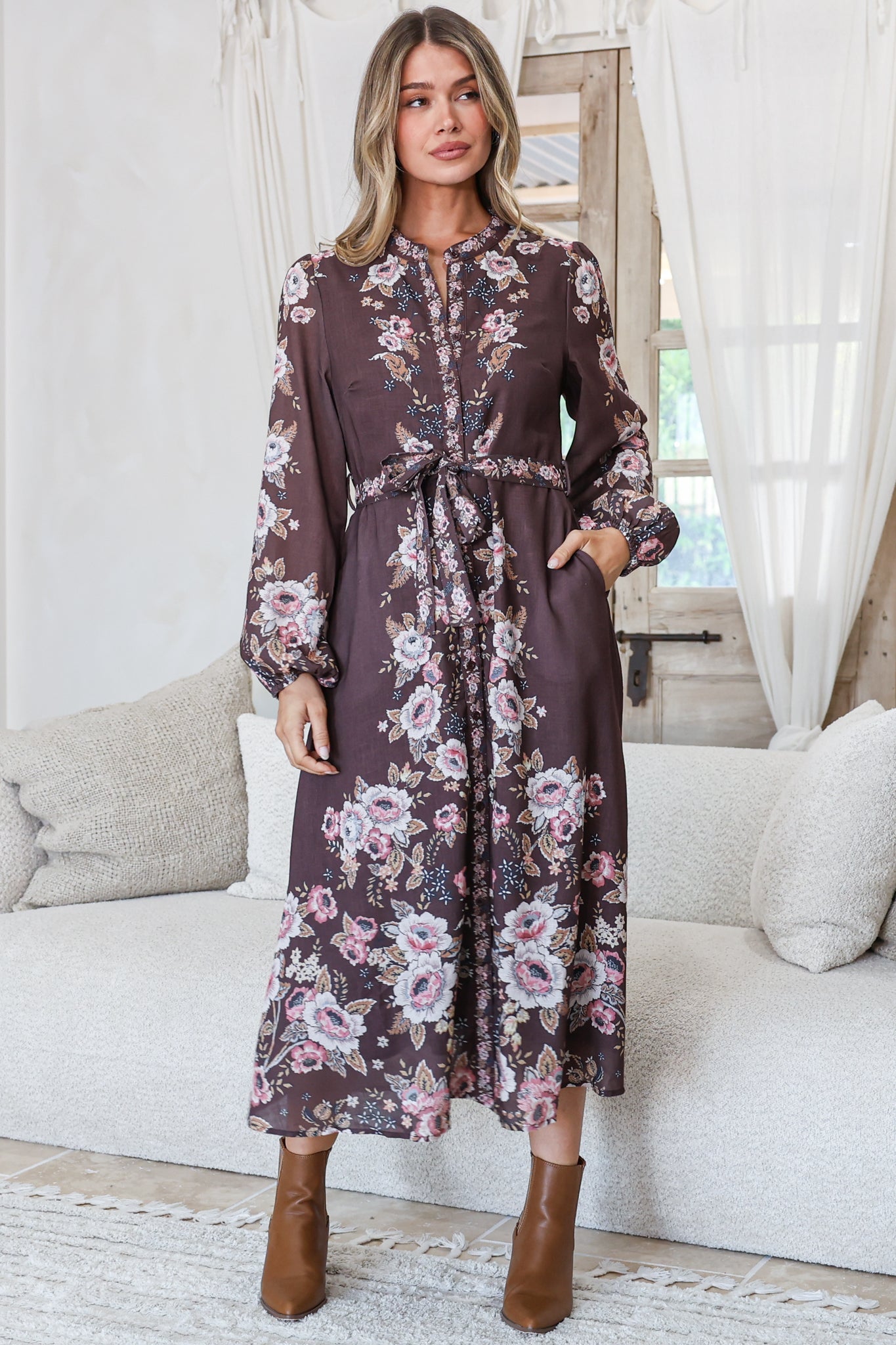 Moreana Midi Dress - Mandarin Collar Button Down Long Sleeve Dress with Belt in Fontana Print Brown