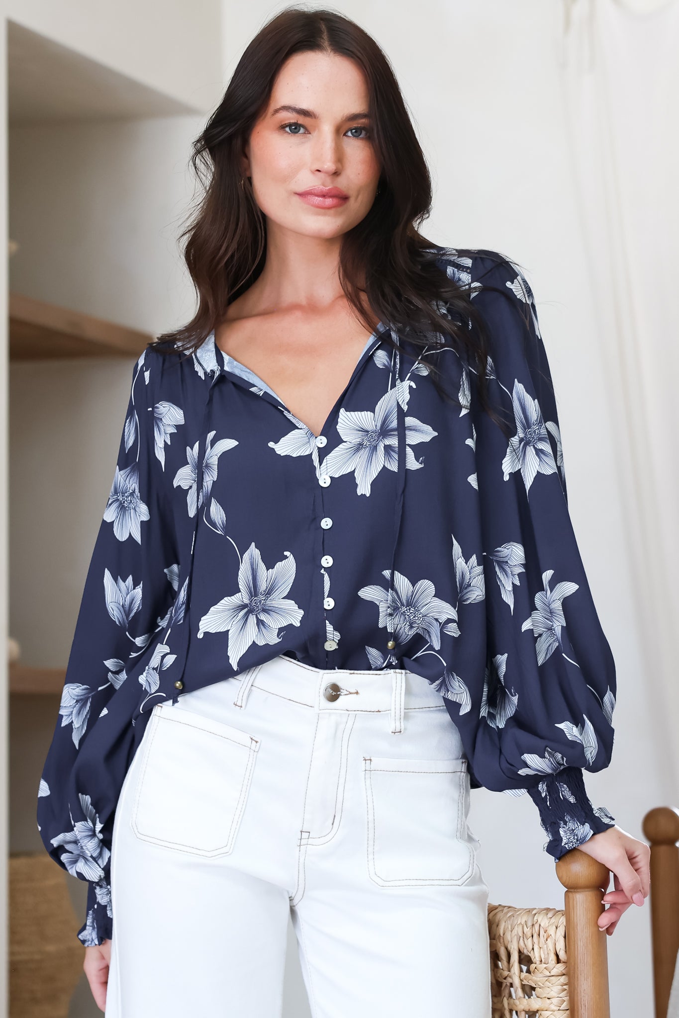 Moree Blouse - Frill Collar Neck Tie Button Down Shirt in Midnight Lily Print