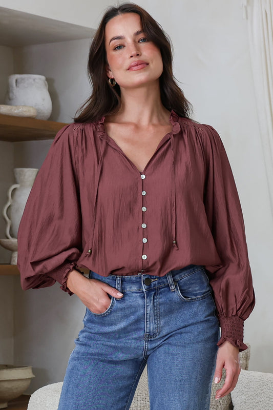 Moree Blouse - Frill Collar Neck Tie Button Down Shirt in Mulberry