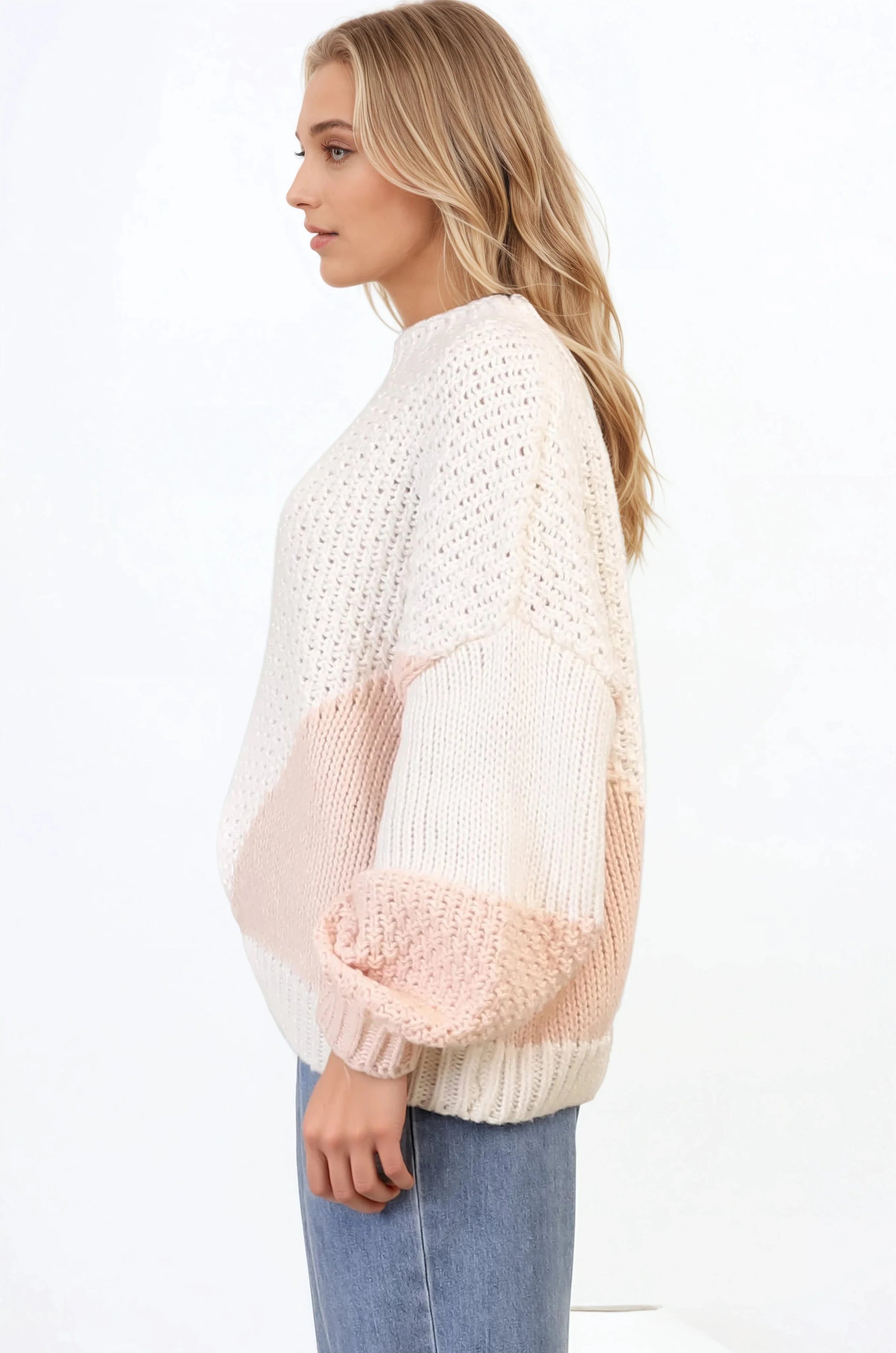 Morgan Jumper - Chunky High Neck Colour Block Knit Jumper in Cream Splice