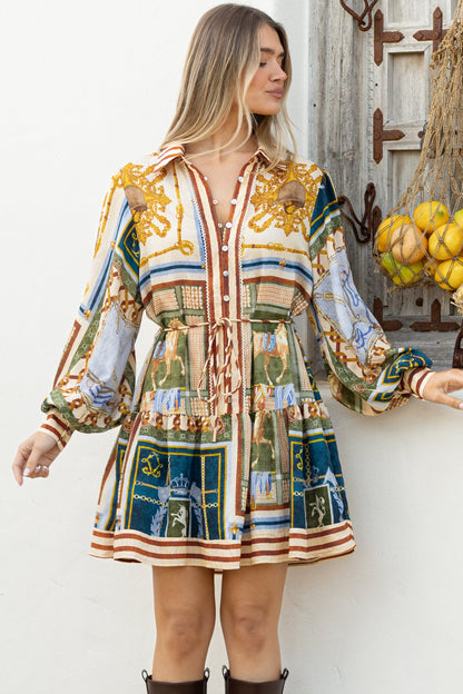 Morso Mini Dress - Wing Collar Front Button Placket Tiered Hem with Balloon Sleeves and String Belt in Regalia Print