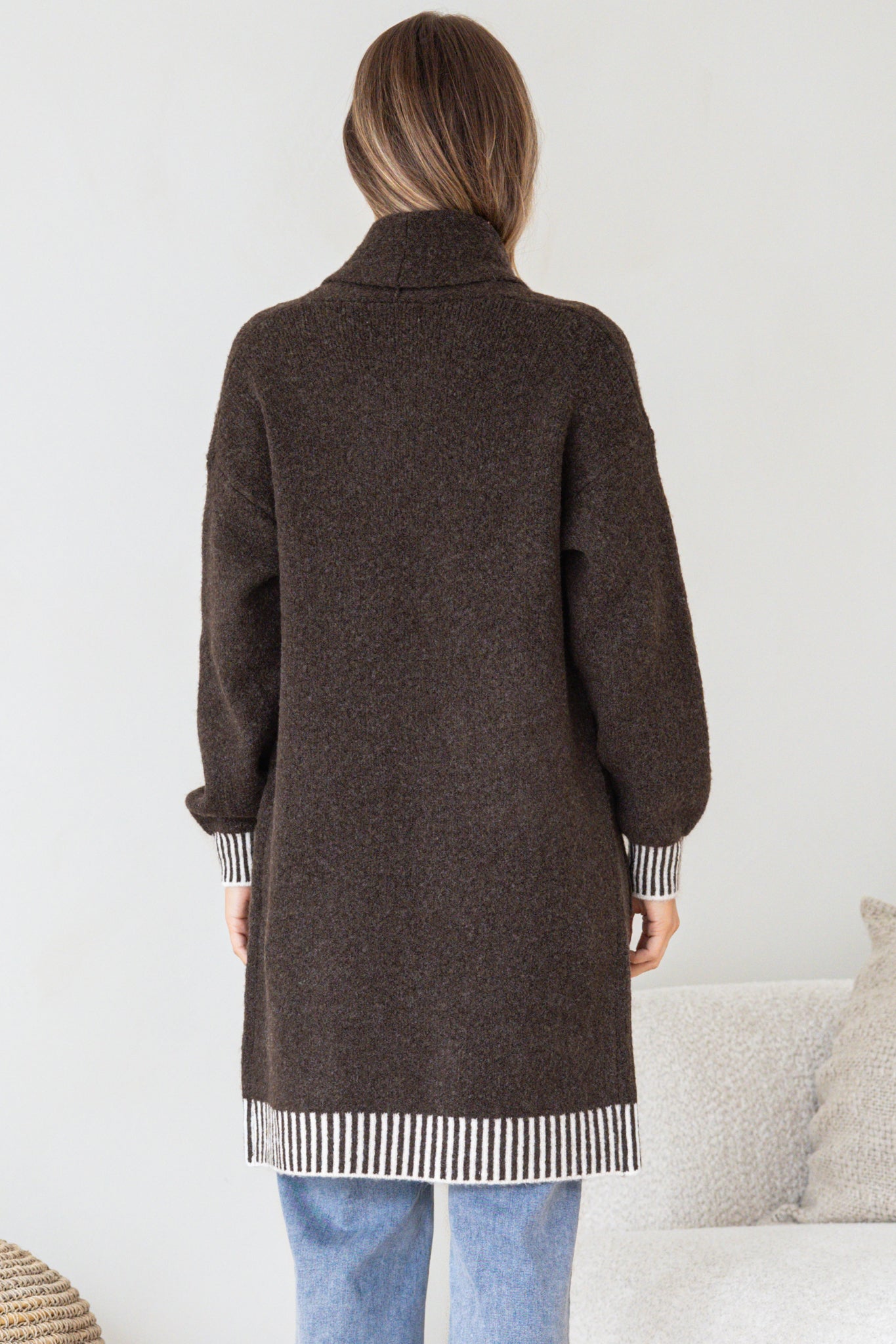 Nattie Cardigan - Folded Collar Knit with Contrast Stripe Hemlines and Pockets in Dark Brown