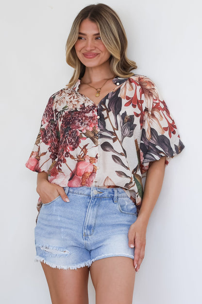 Nayra Blouse - Mandarin Collar Buttoned Down with Puff Sleeves in Leonor Print