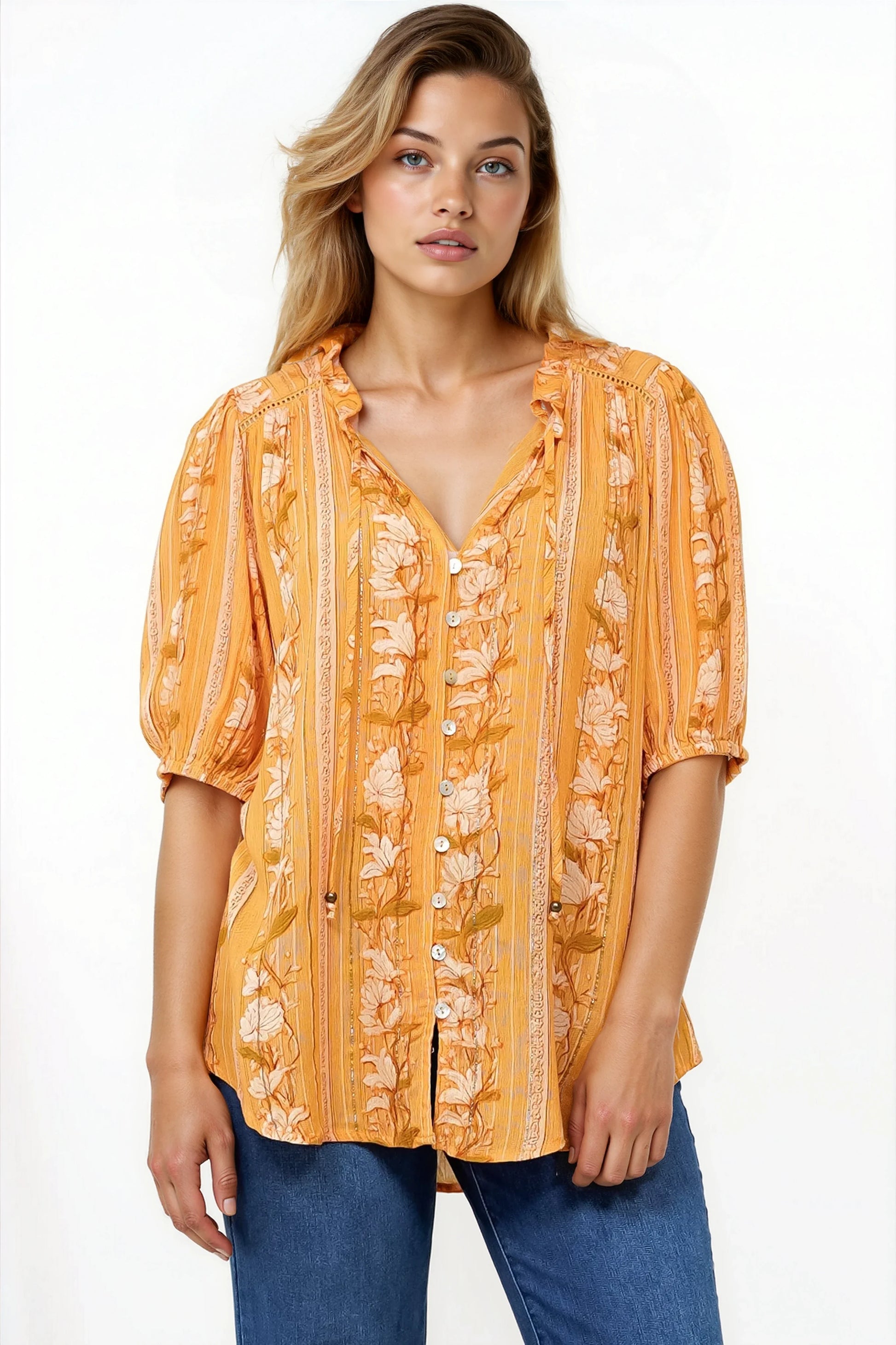 Neo Blouse - High Frill Collar Button Down Shirt in Totema Print