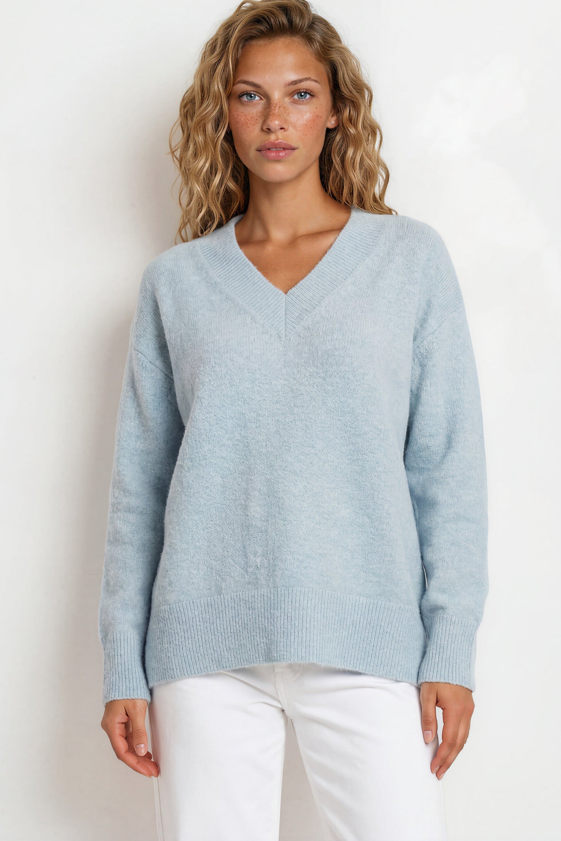 Nikita Jumper - Thick Ribbed V-Neck Knit with Side Split Hemline in Blue