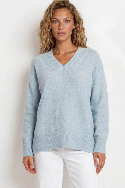 Nikita Jumper - Thick Ribbed V-Neck Knit with Side Split Hemline in Blue