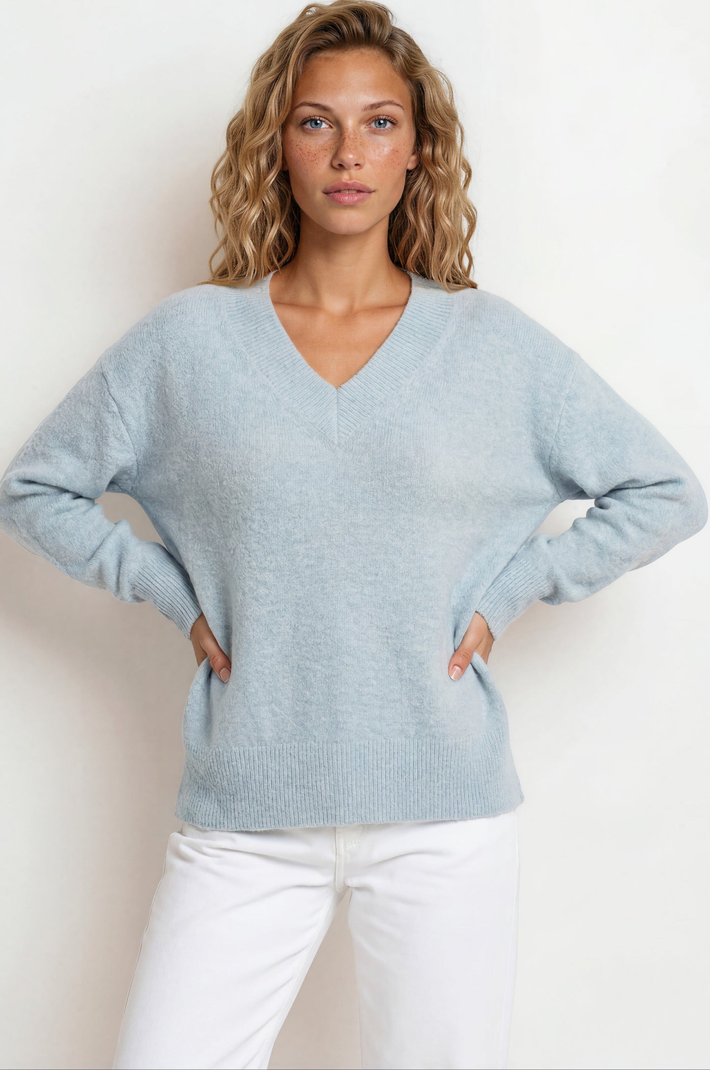 Nikita Jumper - Thick Ribbed V-Neck Knit with Side Split Hemline in Blue