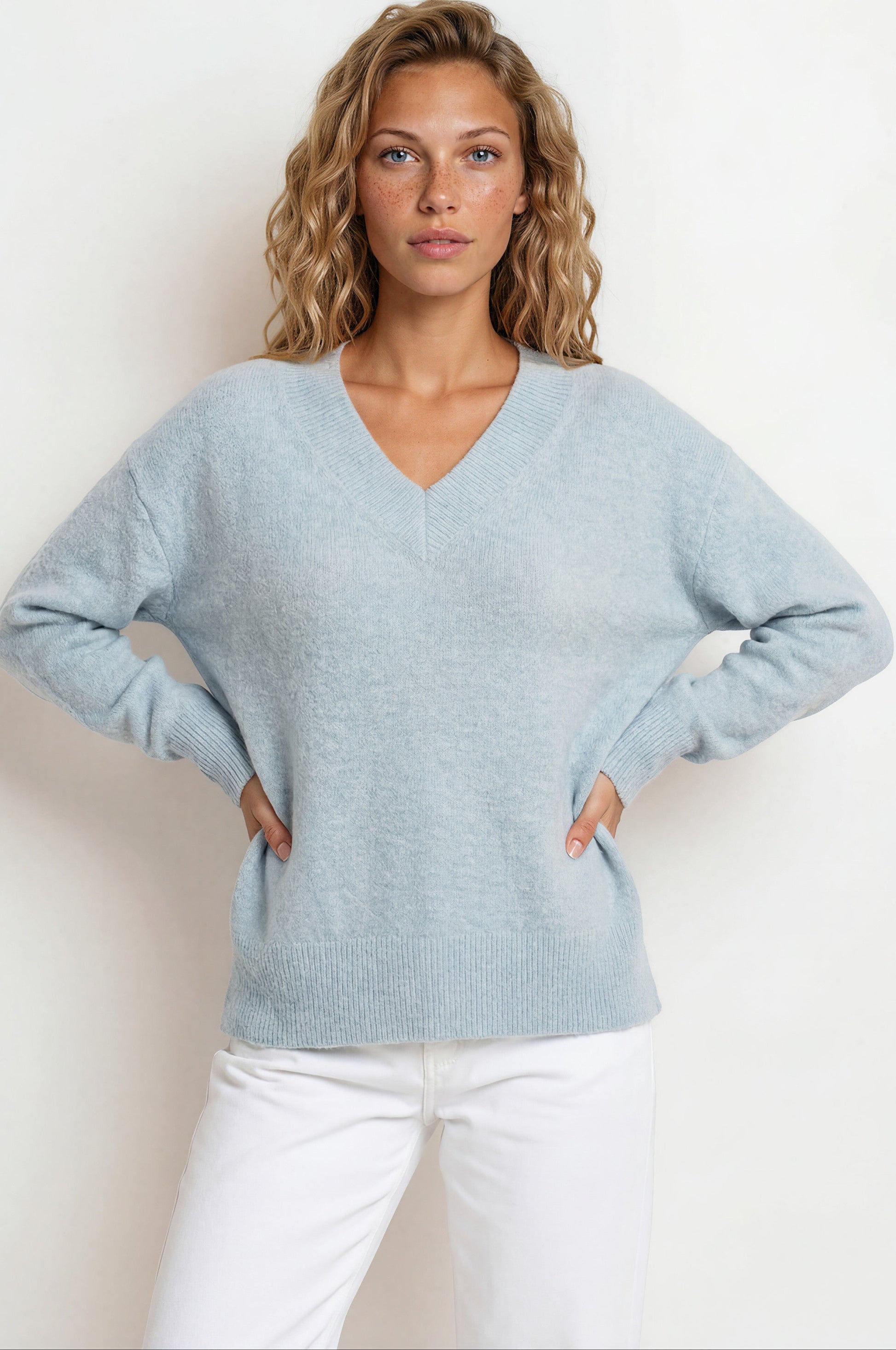 Nikita Jumper - Thick Ribbed V-Neck Knit with Side Split Hemline in Blue