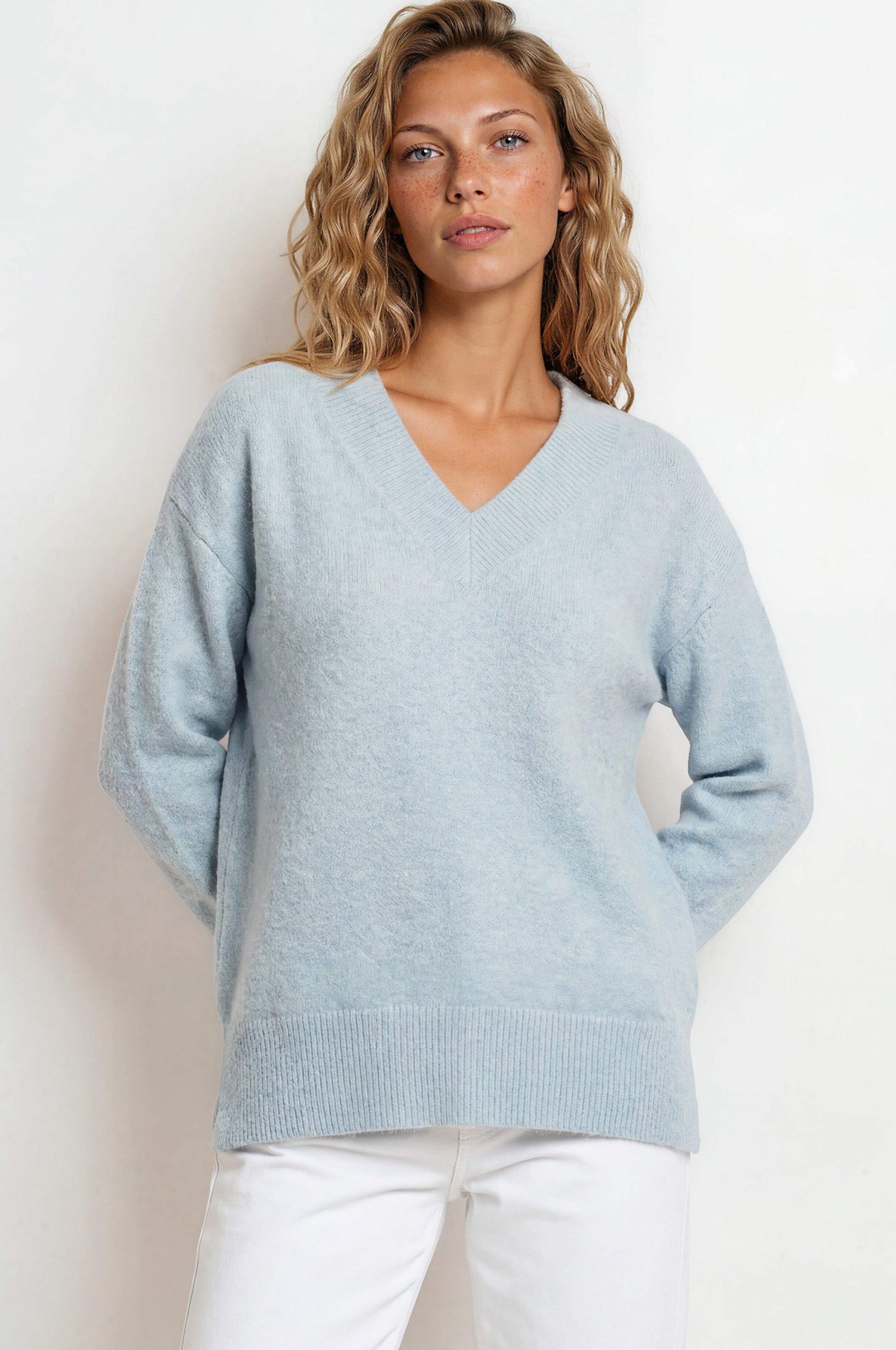 Nikita Jumper - Thick Ribbed V-Neck Knit with Side Split Hemline in Blue