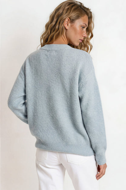Nikita Jumper - Thick Ribbed V-Neck Knit with Side Split Hemline in Blue