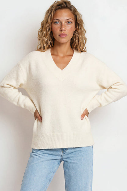 Nikita Jumper - Thick Ribbed V-Neck Knit with Side Split Hemline in White