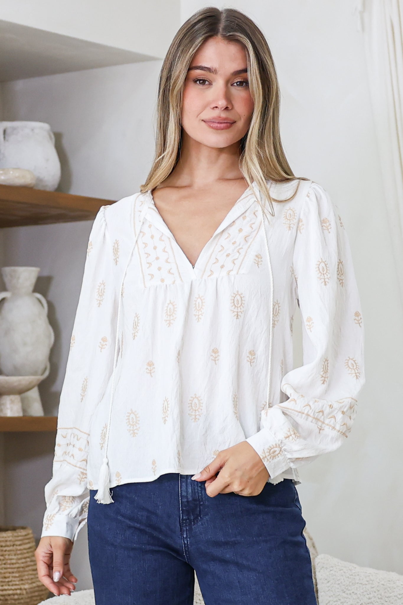 Nouveau Top - V Neck Embroidered Pullover with Long Cuffed Sleeves in White