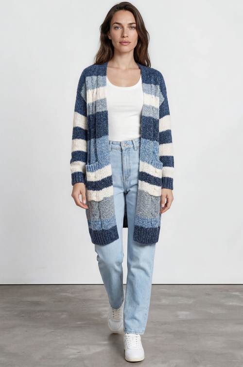 Ollie Cardigan - Open Front Stripe Knit with Pockets in Blue
