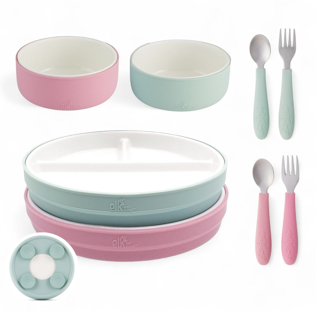 Kids Porcelain Mealtime Bundle | Plates, Bowls + Toddler Utensils | Suction Sleeves | Blush/Sage