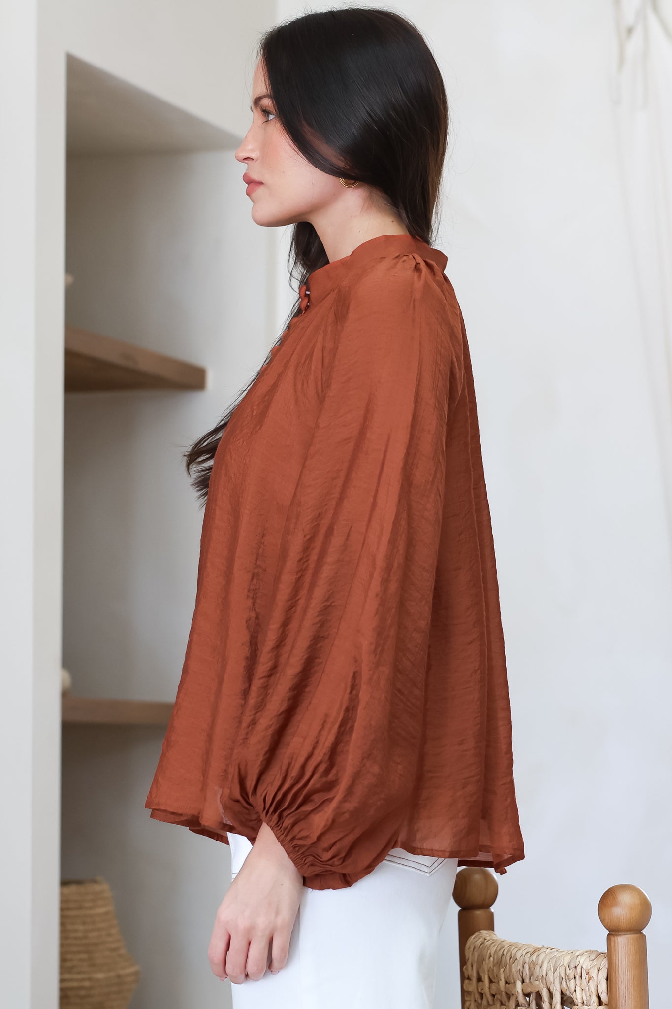 Portia Blouse - Button Down Mandarin Collar Shirt in Rust