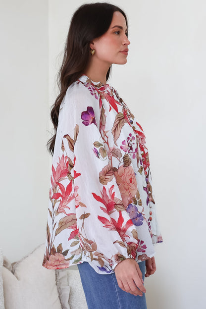 Portia Blouse - Button Down Mandarin Collar Shirt in Windward Print