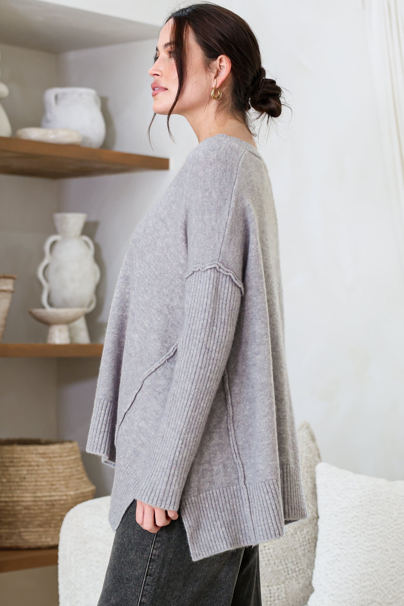 Ridge Jumper - V Neck Relaxed Shark Bite Ribbed Hemline Knit in Grey