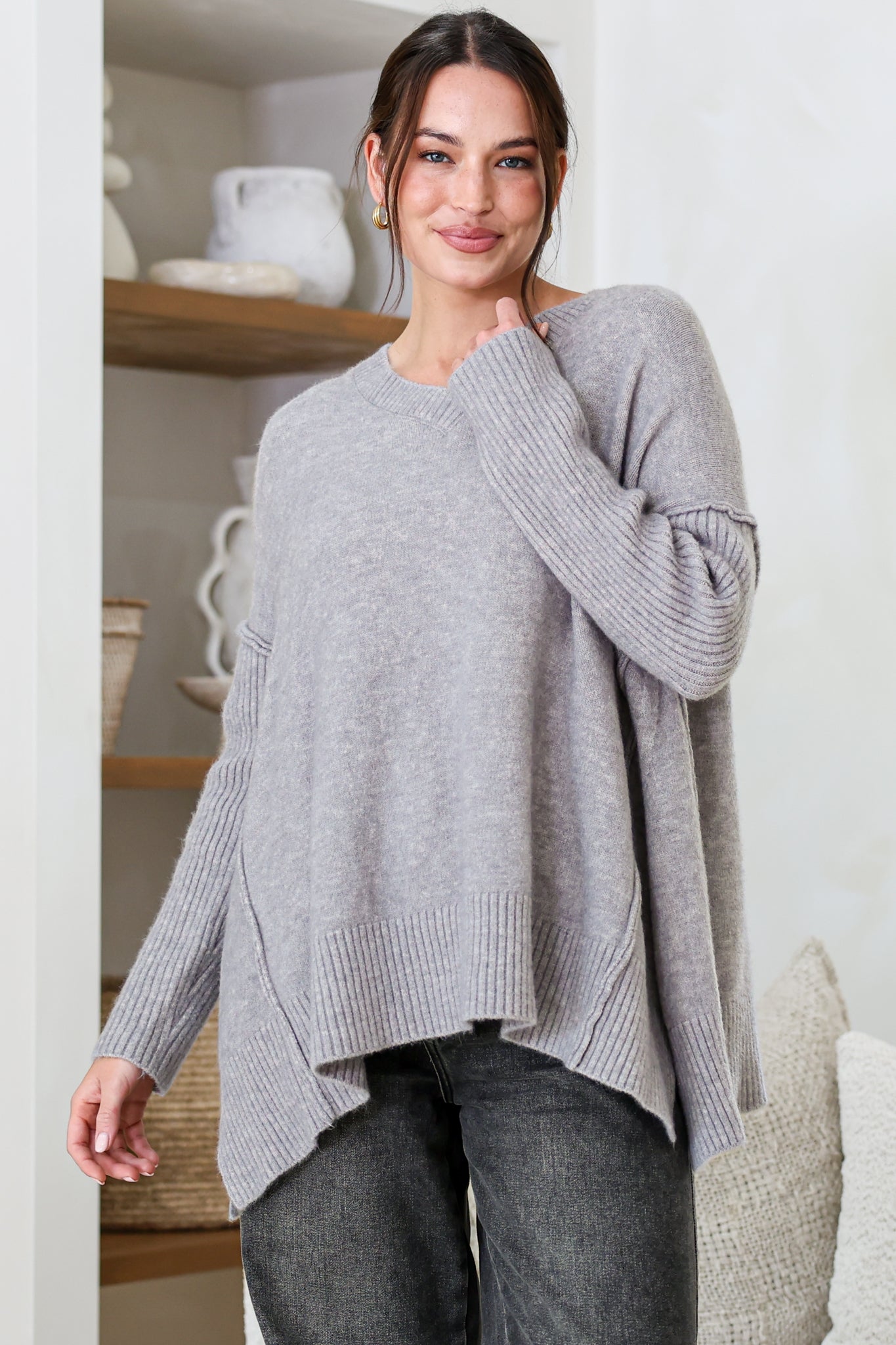 Ridge Jumper - V Neck Relaxed Shark Bite Ribbed Hemline Knit in Grey