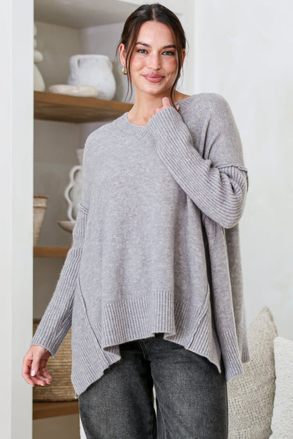 Ridge Jumper - V Neck Relaxed Shark Bite Ribbed Hemline Knit in Grey
