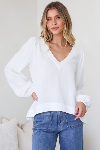 Ritual Top - V-Neck High Low Pull Over with Long Balloon Sleeves in White