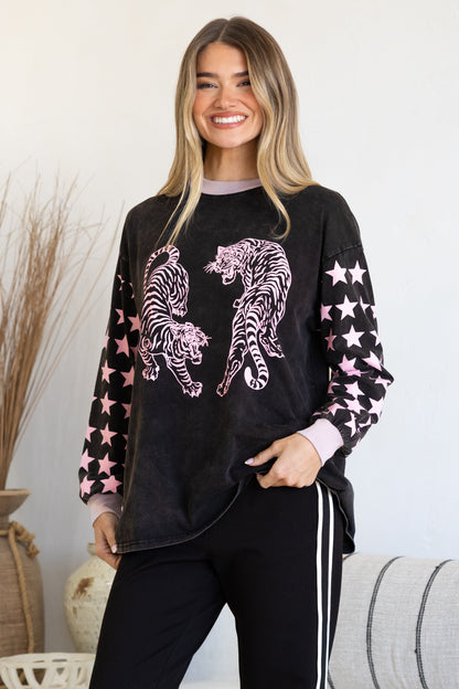 Rival Tiger Long Sleeve Tee - Crew Neck Contrast Stripe Graphic T-Shirt in Black Acid Wash
