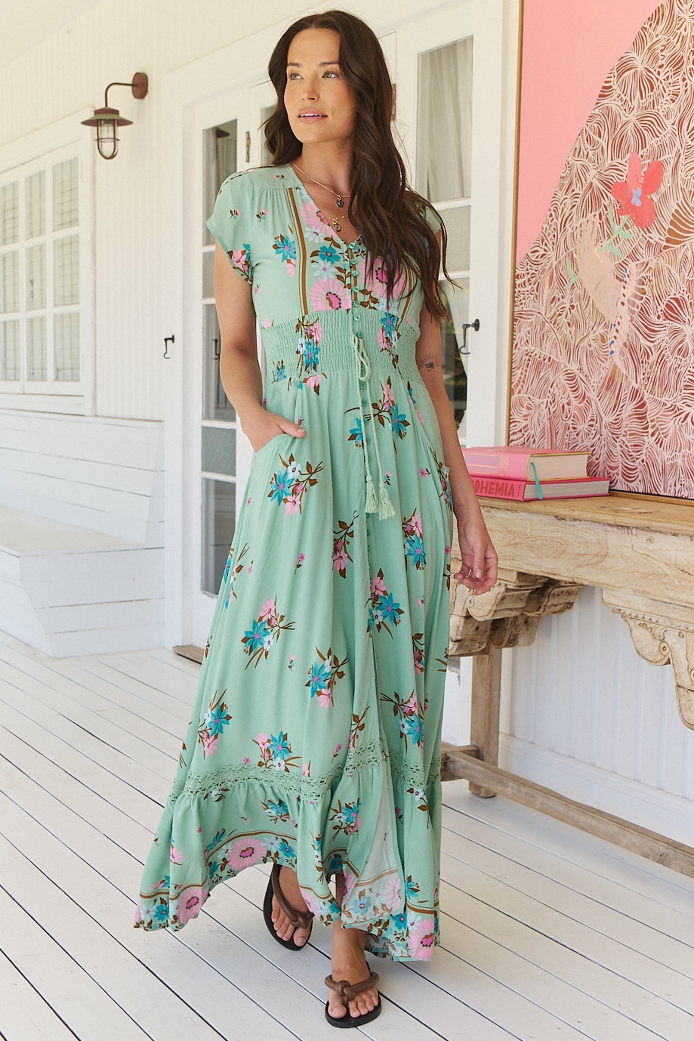 JAASE - Romi Maxi Dress: Button Down Cap Sleeve Dress with Waist Tie in Maribel Print