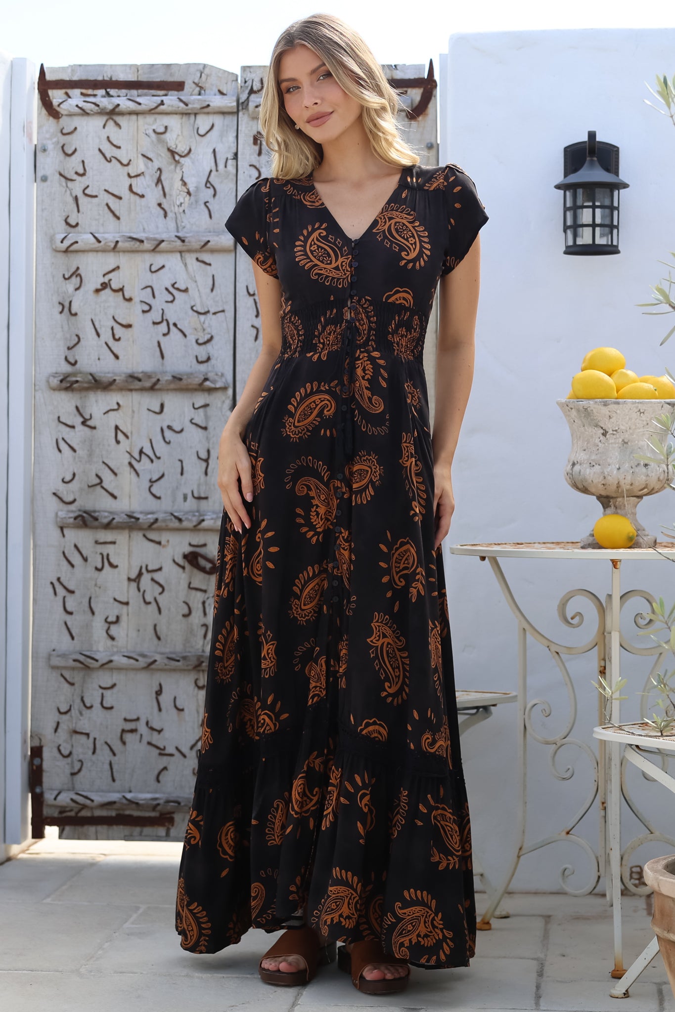 JAASE - Romi Maxi Dress: Button Down Cap Sleeve Dress with Waist Tie in Milan Print