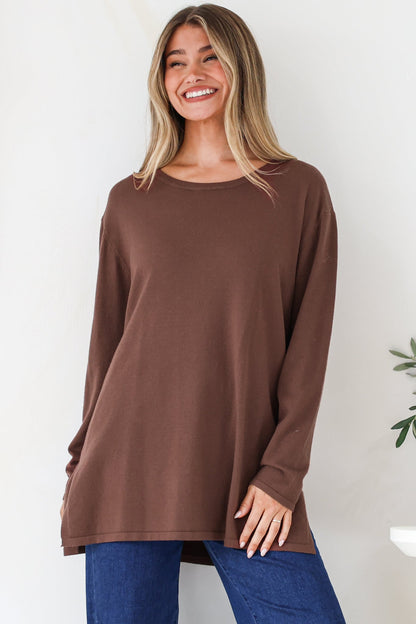 Rylee Jumper - Crew Neck Long Sleeve Pullover with Side Splits in Chocolate